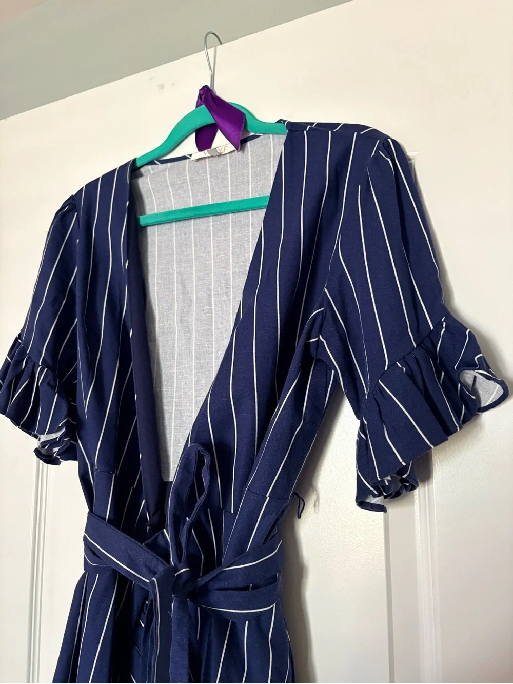 Wayf Navy Blue and White Striped Mini Wrap Dress
